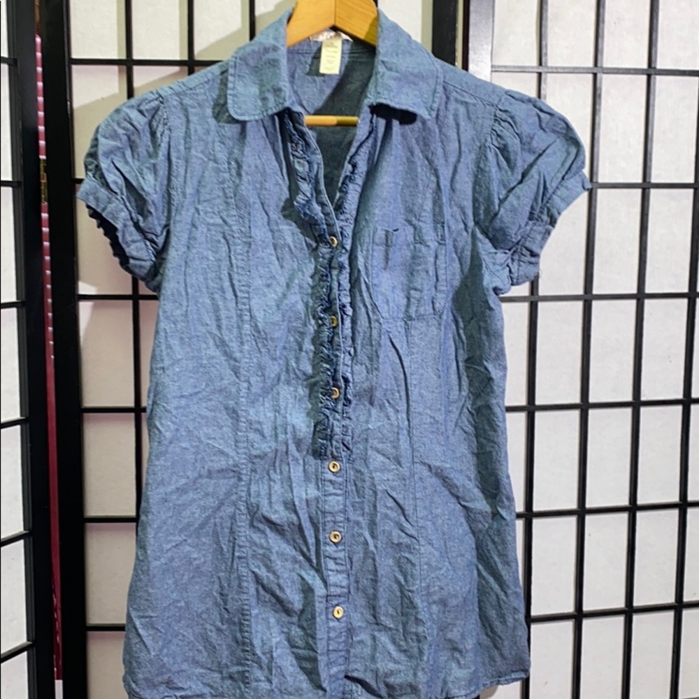 Vixen Denim Cotton Button Down w/Ruffles Size M